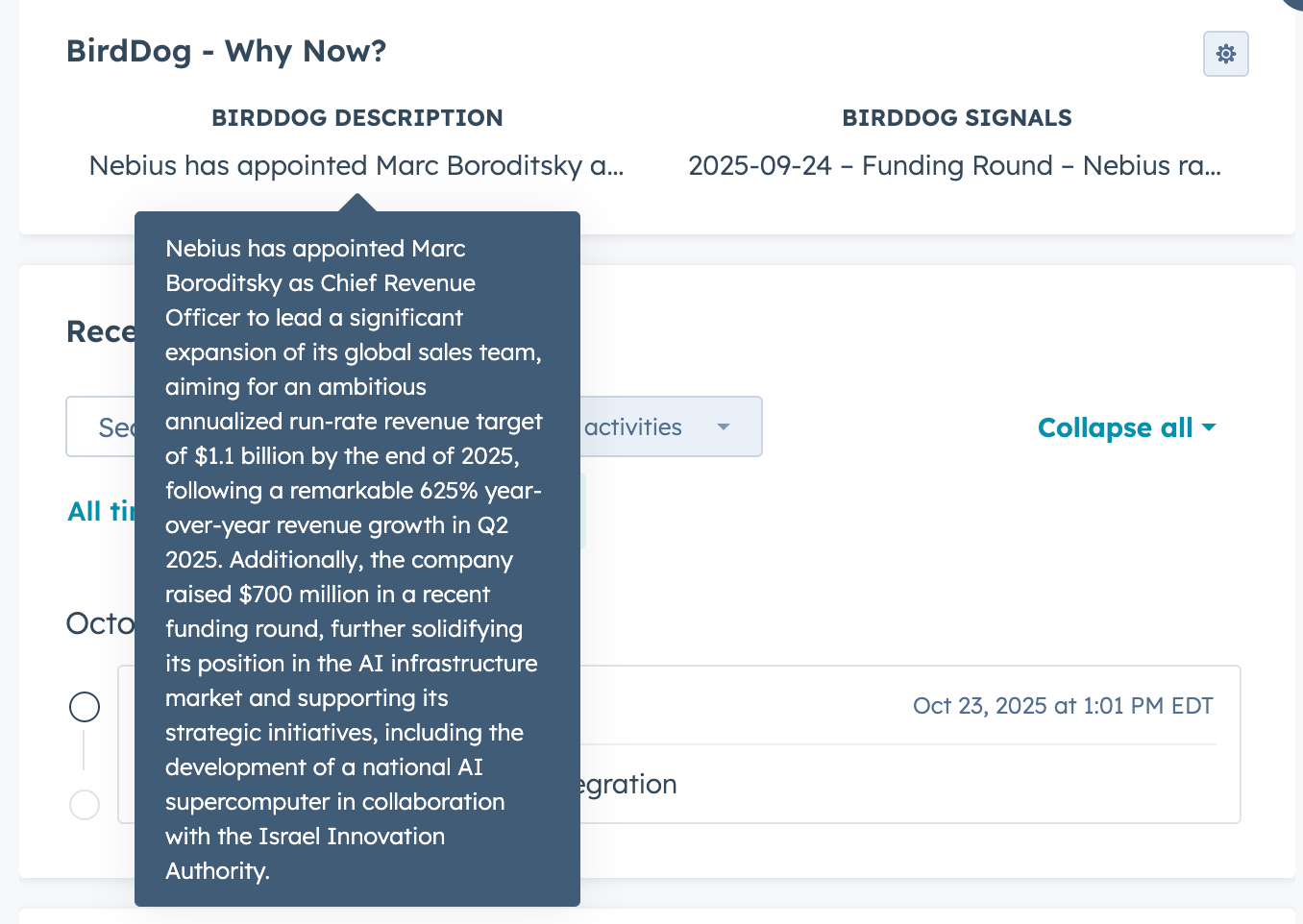 BirdDog data displayed as a property on company record
